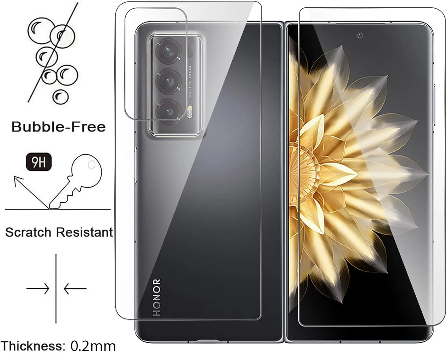 محافظ صفحه نمایش ژیوپوی [بسته 2+2] سازگار با HONOR Magic V2، همراه با محافظ پشت، TPU انعطاف پذیر، فوق العاده نازک، مقاوم در برابر خراش، سازگار با قاب، ضد روغن، صاف