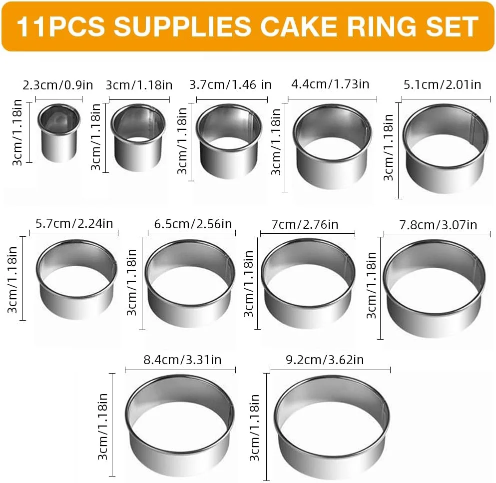 HASTHIP® ست حلقه کیک 11 تکه، ست قالب کیک، حلقه شیرینی، حلقه موس، برش بیسکویت دایره ای استیل ضد زنگ قالب پنکیک حلقه مافین برای پخت HASTHIP® ست حلقه کیک 11 تکه، ست قالب کیک، حلقه شیرینی، حلقه موس، برش بیسکویت دایره ای استیل ضد زنگ قالب پنکیک حلقه مافین برای پخت