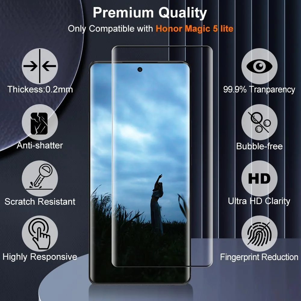 محافظ صفحه نمایش شیشه ای حرارت دیده IQShield برای گوشی Honor Magic 5 lite، بسته 2 عددی محافظ صفحه نمایش HD برای گوشی Honor Magic 5 lite، شیشه محافظ 9H، ضد خش، لمس حساس، محافظ صفحه نمایش ضد حباب