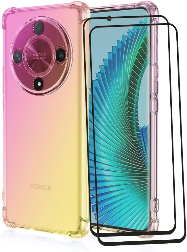 RonRun Case for Honor X9b/ Honor Magic6 Lite with 2 Tempered Glass Screen Protector TPU Anti Scratch Clear Gradient Color Protective Cover pink gold