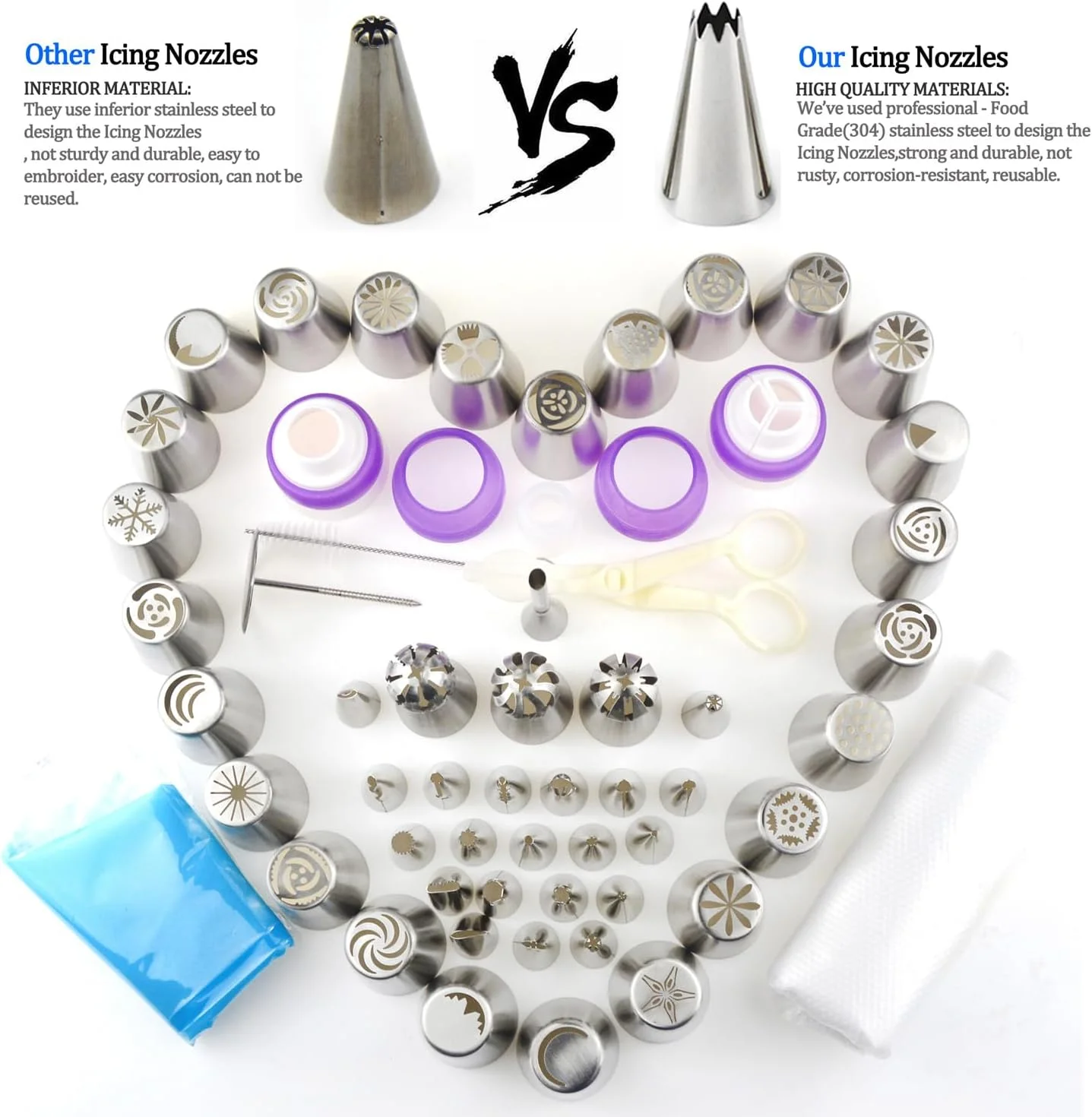 لوازم تزئین کیک با قیف های روسی GEMLON - مجموعه 88 قطعه لوازم قنادی - 49 عدد سری قیف های خامه زن - 3 عدد سری توپی روسی، سری های گل رز، نازل های گل - کیت بزرگ تزئین کاپ کیک