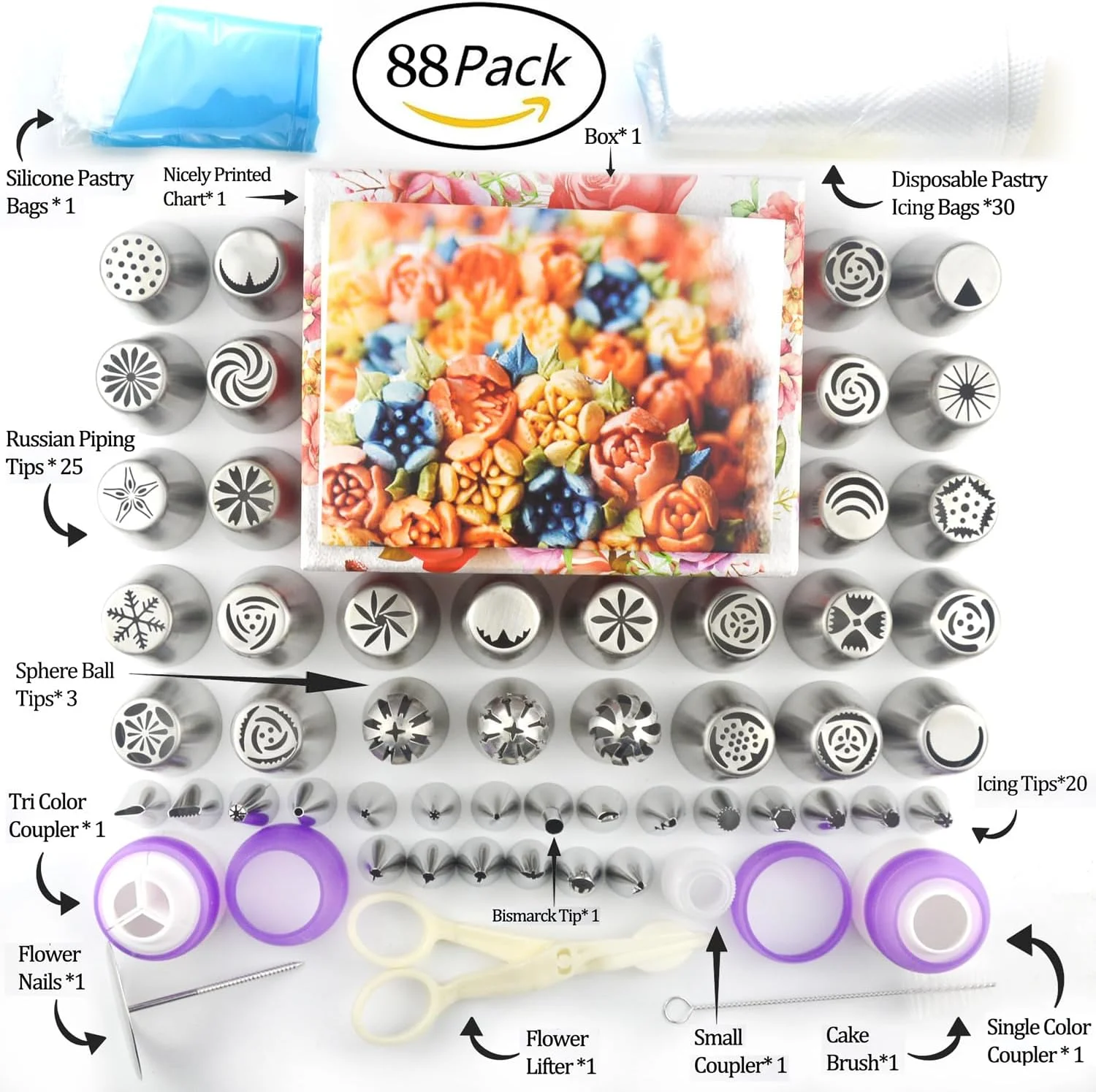 لوازم تزئین کیک با قیف های روسی GEMLON - مجموعه 88 قطعه لوازم قنادی - 49 عدد سری قیف های خامه زن - 3 عدد سری توپی روسی، سری های گل رز، نازل های گل - کیت بزرگ تزئین کاپ کیک