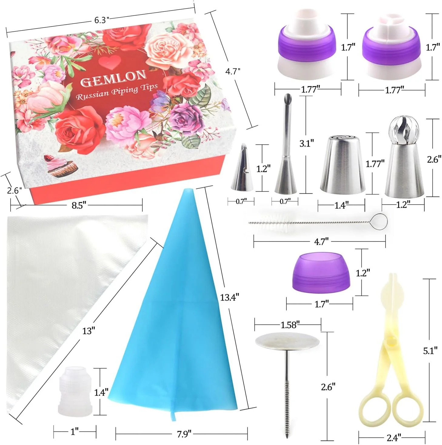 لوازم تزئین کیک با قیف های روسی GEMLON - مجموعه 88 قطعه لوازم قنادی - 49 عدد سری قیف های خامه زن - 3 عدد سری توپی روسی، سری های گل رز، نازل های گل - کیت بزرگ تزئین کاپ کیک