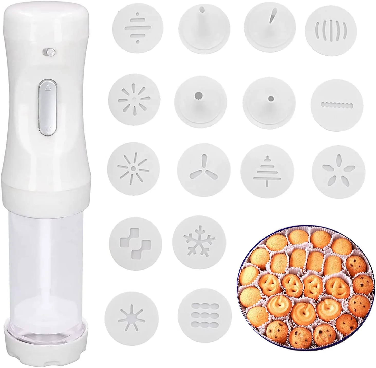 کیت تفنگ شیرینی پزی برقی، بیسکویت ساز DIY با 12 دیسک و 4 نوک تزئین، ابزار تزئین شیرینی برای تهیه و تزئین کوکی برای تعطیلات، با باتری (سفید) کیت تفنگ شیرینی پزی برقی، بیسکویت ساز DIY با 12 دیسک و 4 نوک تزئین، ابزار تزئین شیرینی برای تهیه و تزئین کوکی برای تعطیلات، با باتری (سفید)