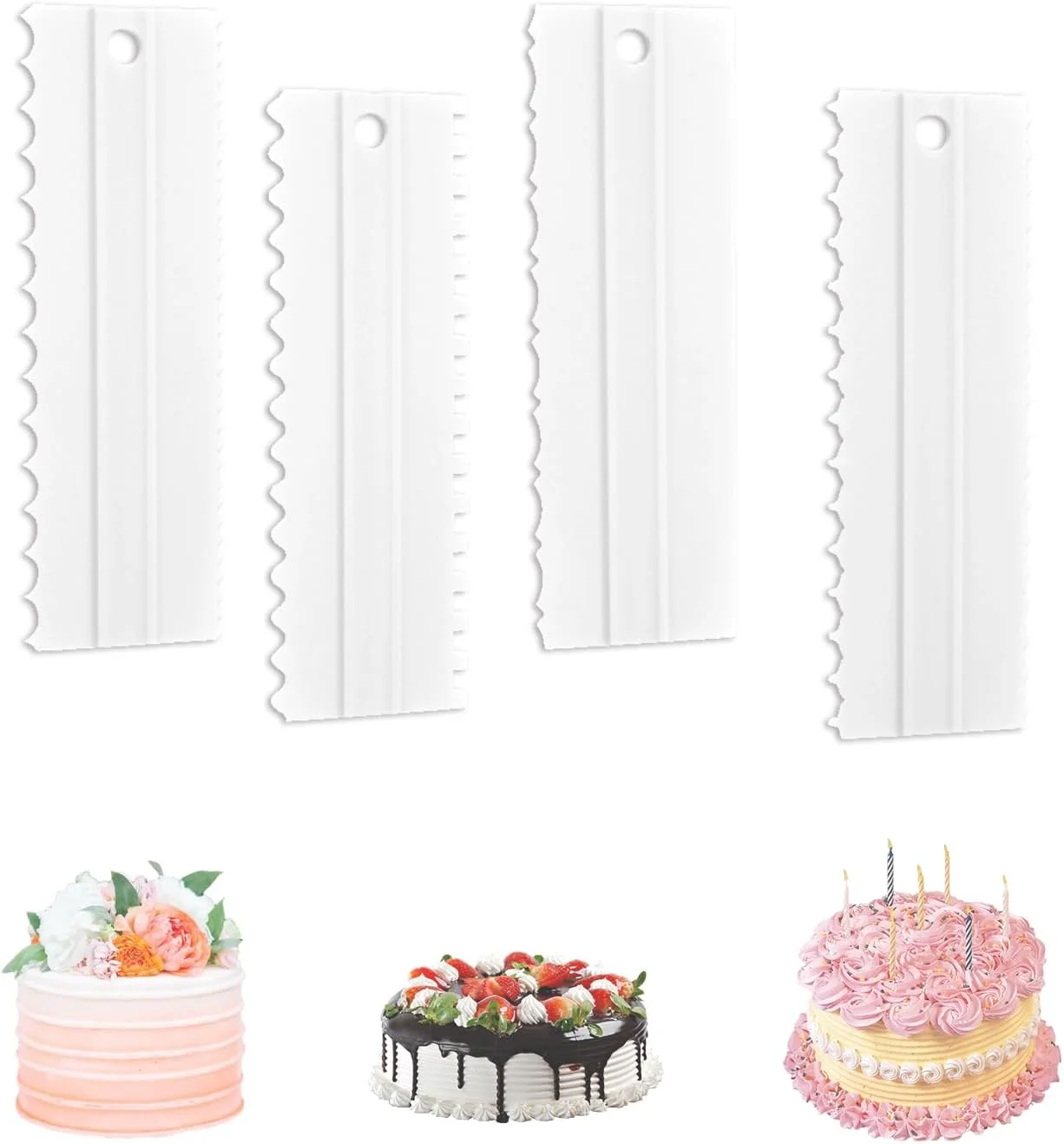 EKIND Cake Scraper Set Double Sided Icing Smoother Long Edge Buttercream Spatula Comb for Decorating Mousse Pastry Tools Baking Supplies(4 Pcs White)