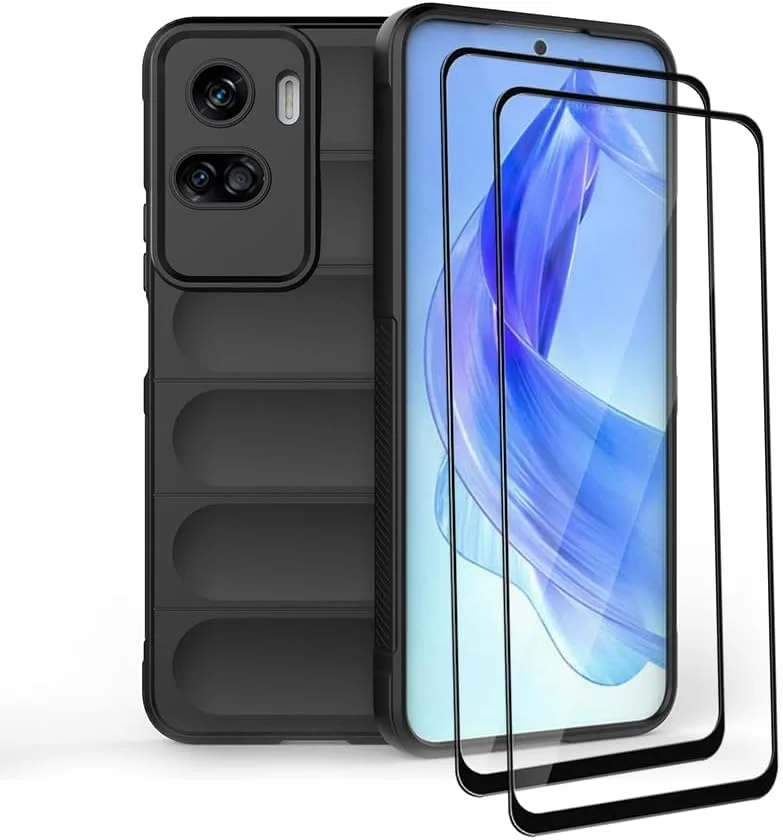 کاور محافظ گوشی GMUJIAO سازگار با گوشی آنر 90 لایت، ضد لغزش، ضد ضربه، ضد خش، به همراه 2 محافظ صفحه نمایش شیشه ای حرارت دیده [مقاوم در برابر خش] - مشکی