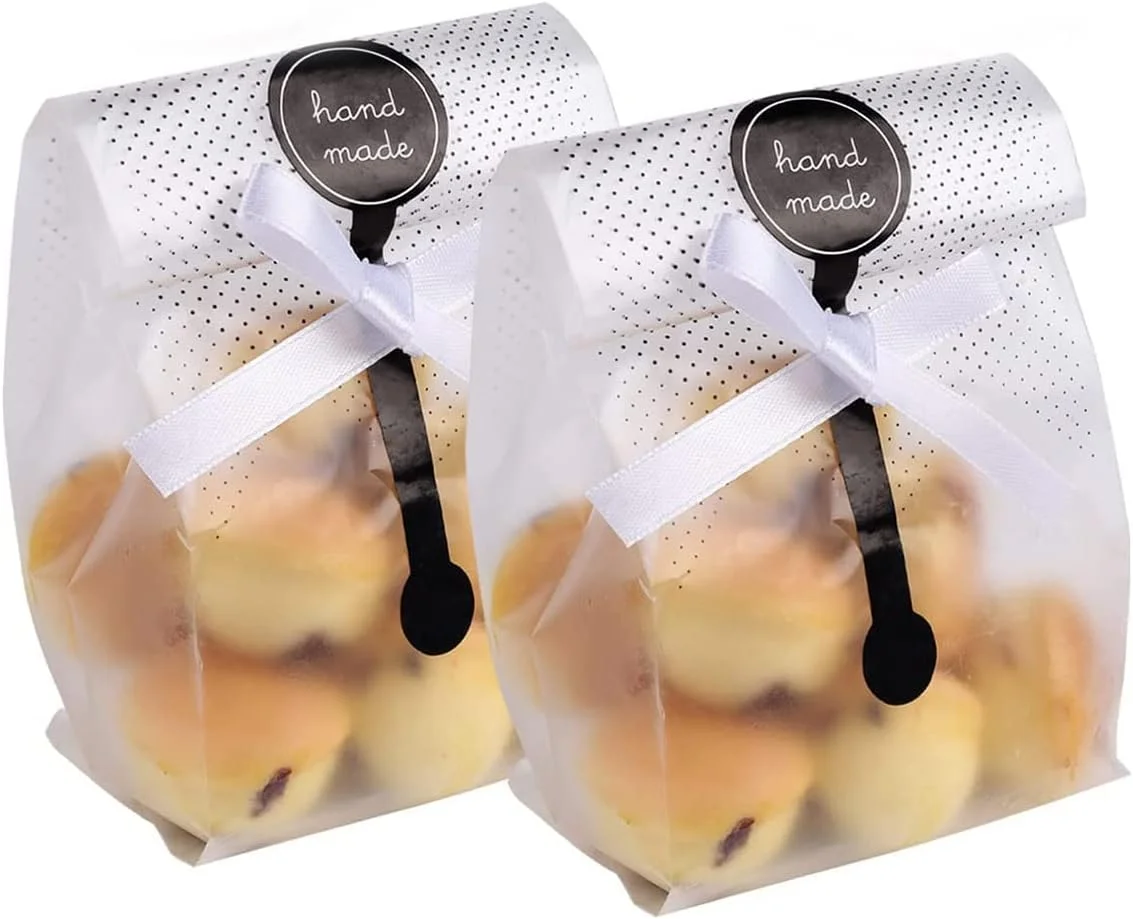 ECVV بسته 100 عددی کیسه بسته بندی نان، کیسه پلاستیکی شفاف، کیسه های شیرینی سلولفانی، کیسه هدیه ولنتاین برای آب نبات، کلوچه، شکلات به همراه استیکر