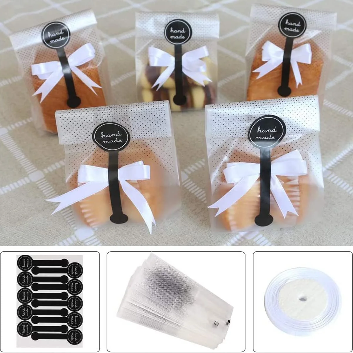 ECVV بسته 100 عددی کیسه بسته بندی نان، کیسه پلاستیکی شفاف، کیسه های شیرینی سلولفانی، کیسه هدیه ولنتاین برای آب نبات، کلوچه، شکلات به همراه استیکر