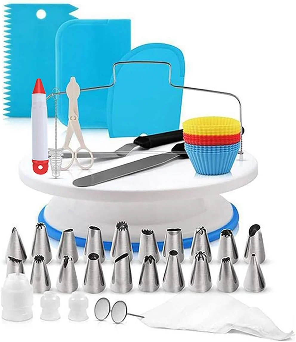 مجموعه 106 تکه لوازم تزئین کیک CakeDecor با صفحه گردان استیل، ابزارهای خامه DIY شامل ماسوره های آیسینگ، کیسه های شیرینی پزی، لیسک ها، کاردک ها، میخ گل و موارد دیگر مجموعه 106 تکه لوازم تزئین کیک CakeDecor با صفحه گردان استیل، ابزارهای خامه DIY شامل ماسوره های آیسینگ، کیسه های شیرینی پزی، لیسک ها، کاردک ها، میخ گل و موارد دیگر