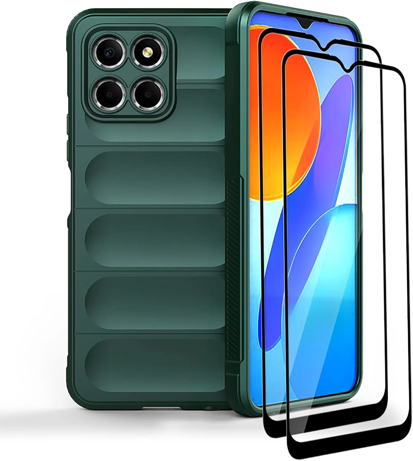 کاور محافظ گوشی جی‌ام‌یو‌جی‌آی‌او سازگار با Honor X8 5G، ضد لغزش، ضد ضربه، ضد خش، به همراه 2 محافظ صفحه نمایش شیشه‌ای حرارت دیده - سبز