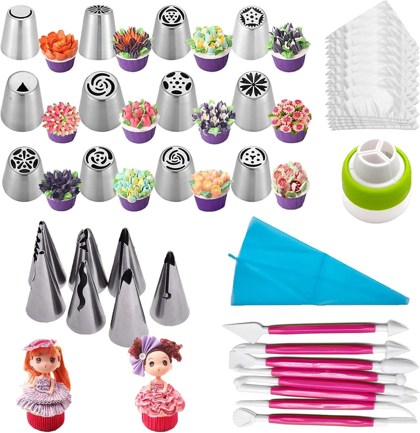 ست قیف و ماسوره روسی، مجموعه لوازم قنادی 129 تکه، کیت نازل های قیف، کیسه قیف سیلیکونی، نوک شیرینی پزی برای تزئین کیک، کاپ کیک، کلوچه، نازل یخ زدن، نازل استیل ضد زنگ، ابزار DIY