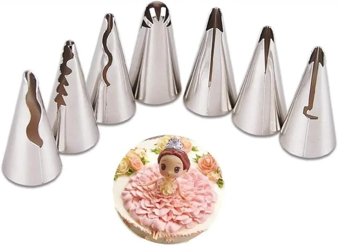 ست ماسوره دامن پلیسه نقره ای، ست نوک ماسوره روسی استیل ضد زنگ برای خمیر فوندانت، لوازم تزیین کیک، ابزار پخت، ابزار تزیین، نوک های آیسینگ و پایپینگ (#080)