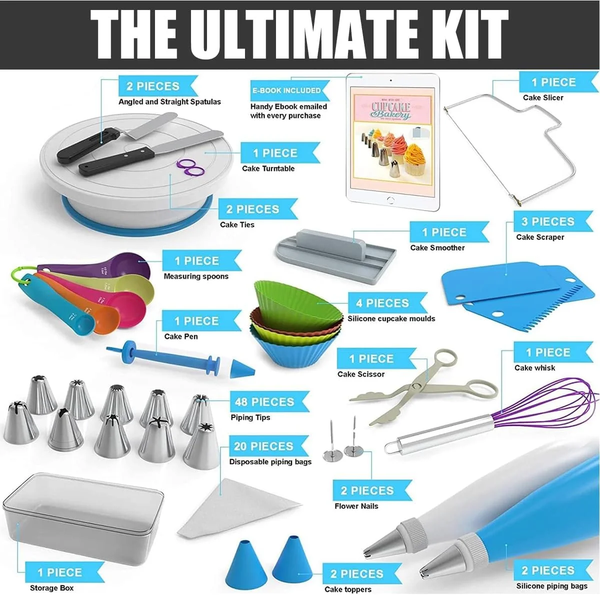 کیت لوازم تزئین کیک - ست گردان کیک با 48 عدد ماسوره قیف خامه، 20 عدد کیسه شیرینی پزی یکبار مصرف، 2 عدد اتصال دهنده، ابزار پخت برای مبتدیان کیت لوازم تزئین کیک - ست گردان کیک با 48 عدد ماسوره قیف خامه، 20 عدد کیسه شیرینی پزی یکبار مصرف، 2 عدد اتصال دهنده، ابزار پخت برای مبتدیان