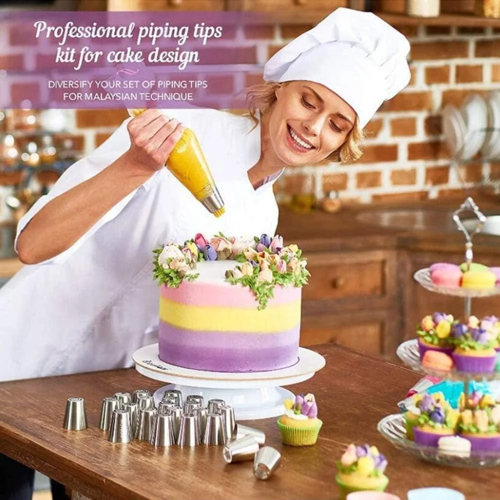 ست 62 عددی ابزار تزئین کیک شامل صفحه گردان، قیف های شیرینی پزی و ماسوره، مناسب برای خامه، کیسه های شیرینی پزی، نازل های تزئین کیک، ابزار پخت کیک، کاپ کیک، کلوچه، شیرینی، مناسب برای مبتدیان