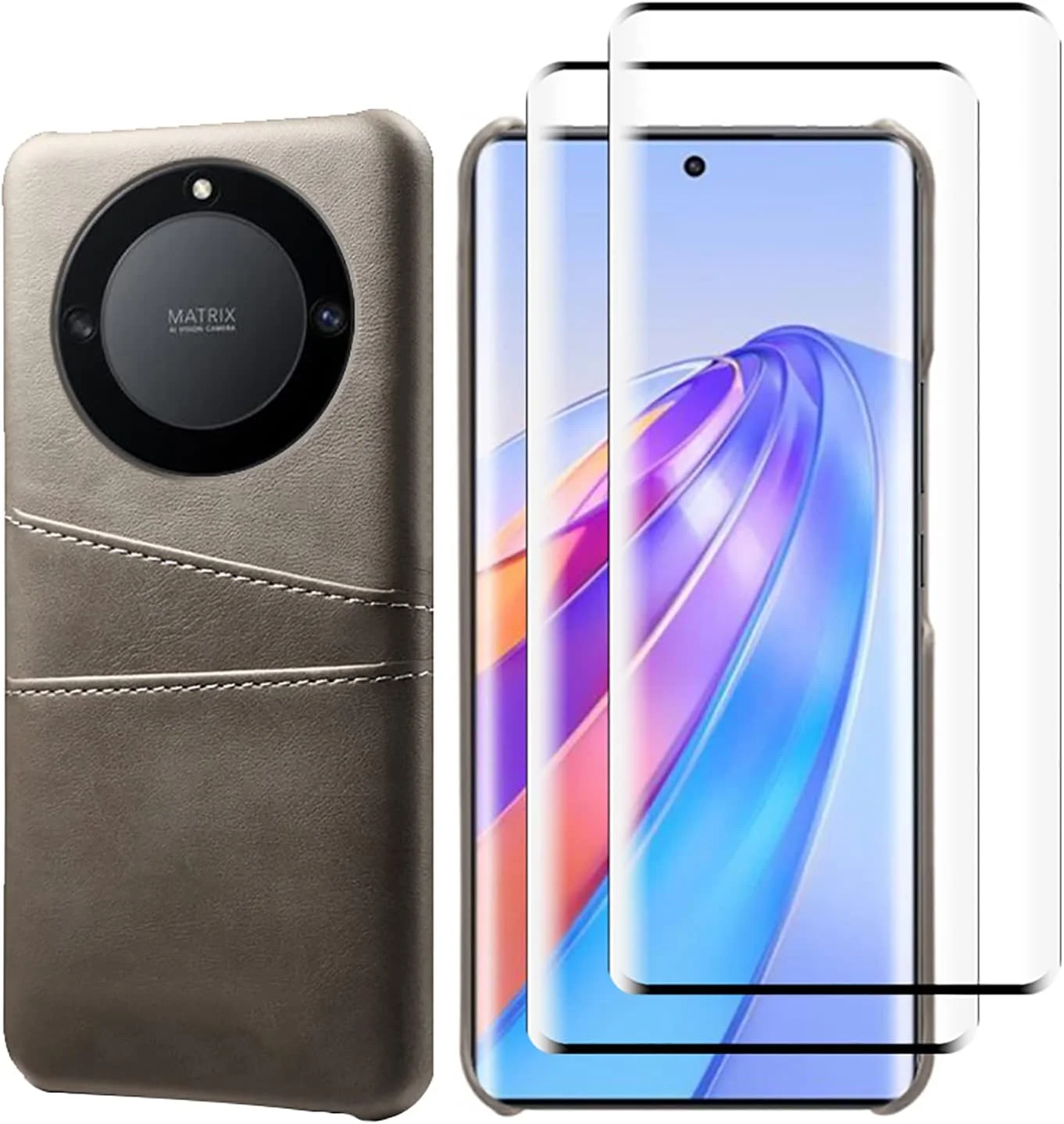 کیف پول GMUJIAO برای Honor X40، محافظ فوق العاده باریک، کیف پول چرمی باریک با جای کارت اعتباری و 2 محافظ صفحه نمایش شیشه ای حرارت دیده - خاکستری