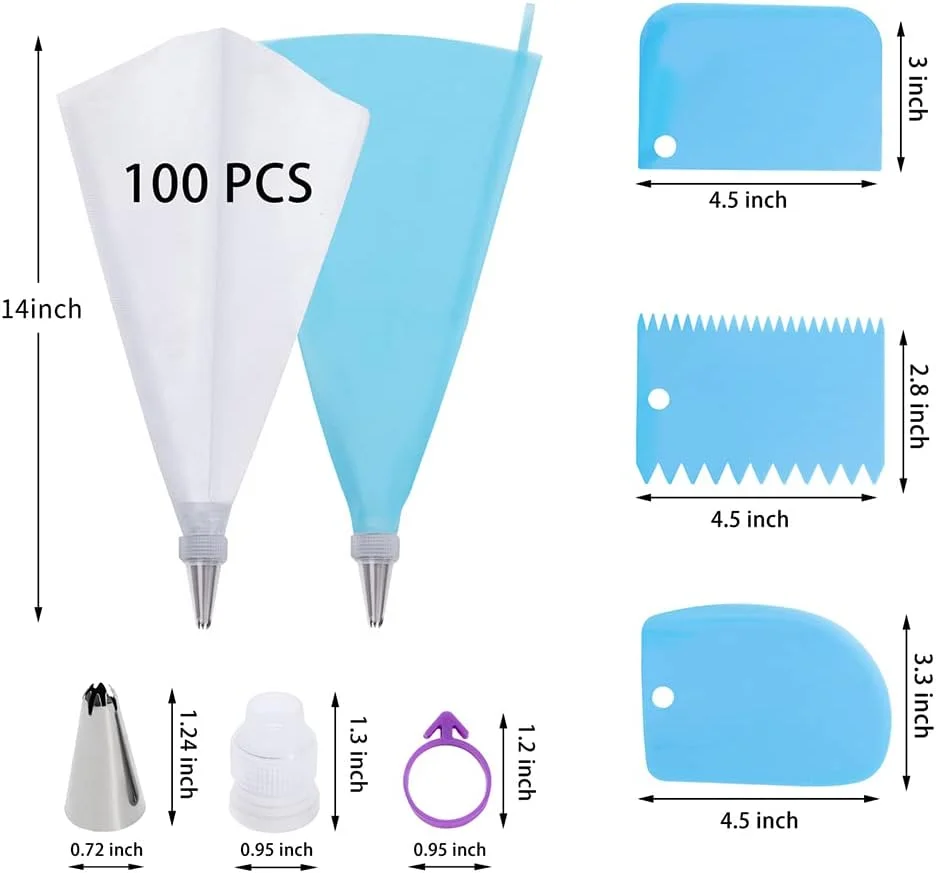 ست کیسه و ماسوره قنادی، 100 عدد کیسه شیرینی پزی 12 اینچی، کیسه های آیسینگ یکبار مصرف برای لوازم کیت تزئین کیک و کلوچه به همراه 1 عدد کیسه قنادی قابل استفاده مجدد، 1 عدد اتصال دهنده، 12 عدد ماسوره فراستینگ، 2 عدد بست کیسه، 3 عدد کاردک کیک