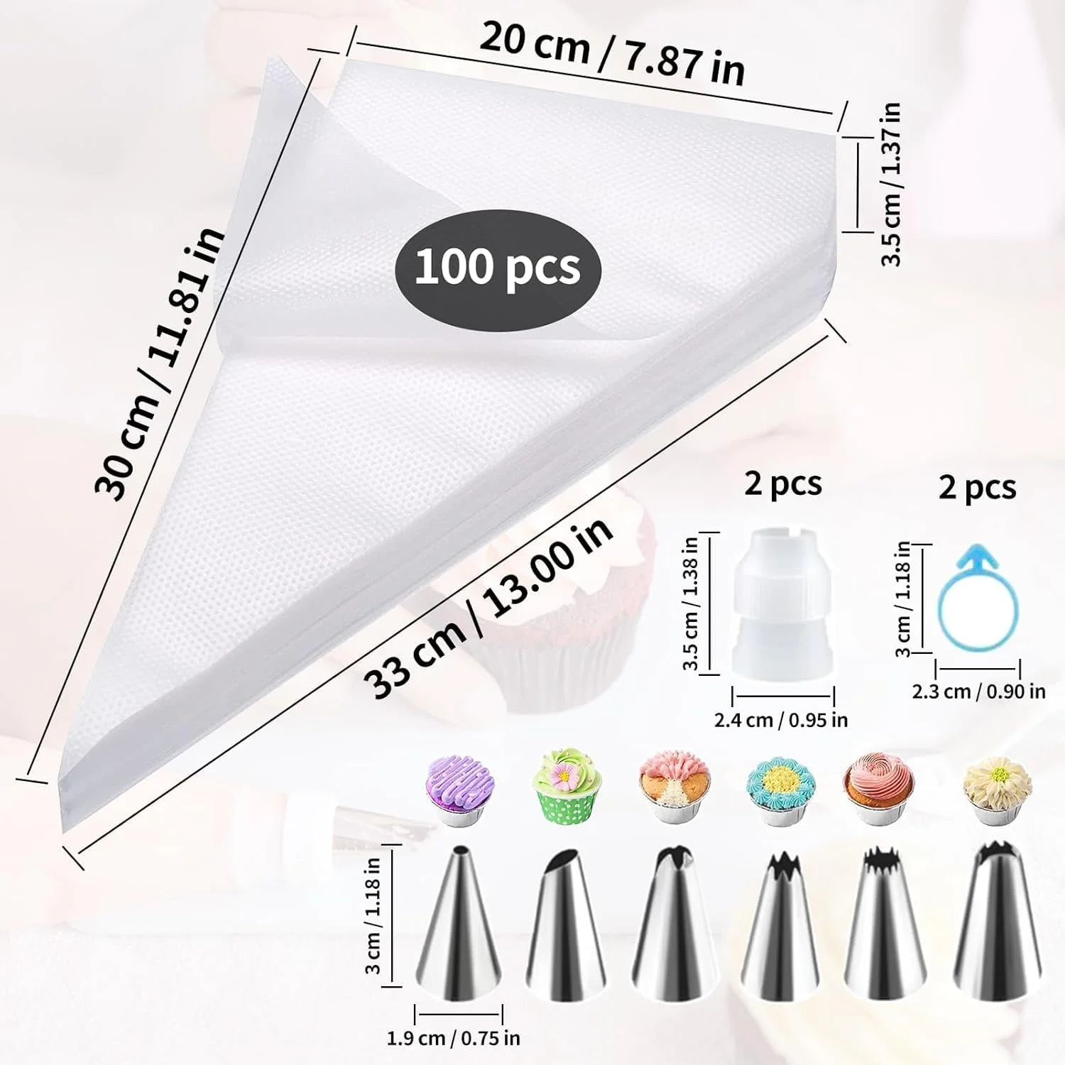 ست 100 عددی کیسه و ماسوره قنادی، کیسه های شیرینی پزی یکبار مصرف، لوازم کیت تزئین کیک، کیسه های آیسینگ یکبار مصرف، 6 ماسوره فراستینگ، 2 کوپلر، 2 بست کیسه، برای تزئین کیک و کلوچه