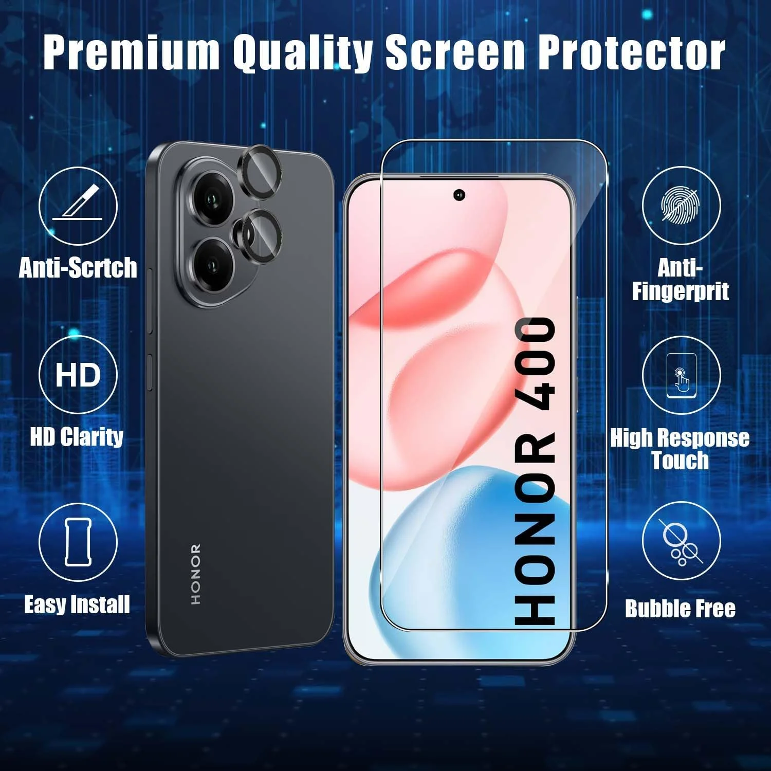 محافظ صفحه نمایش شیشه ای هولیلو برای گوشی آنر 400 5G [2+1 عدد]، سختی 9H، ضد خش، بدون حباب