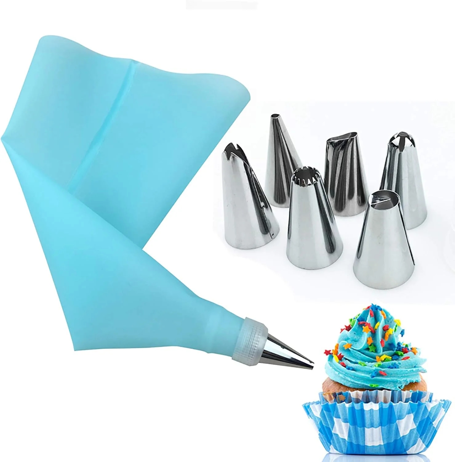 لوازم تزیین کیک، 6 عدد نازل استیل ضد زنگ با رابط قابل استفاده مجدد و کیسه شیرینی پزی برای کیک، کاپ کیک، کلوچه و شیرینی - آبی لوازم تزیین کیک، 6 عدد نازل استیل ضد زنگ با رابط قابل استفاده مجدد و کیسه شیرینی پزی برای کیک، کاپ کیک، کلوچه و شیرینی - آبی