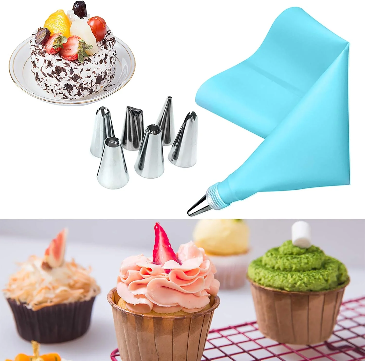لوازم تزیین کیک، 6 عدد نازل استیل ضد زنگ با رابط قابل استفاده مجدد و کیسه شیرینی پزی برای کیک، کاپ کیک، کلوچه و شیرینی - آبی