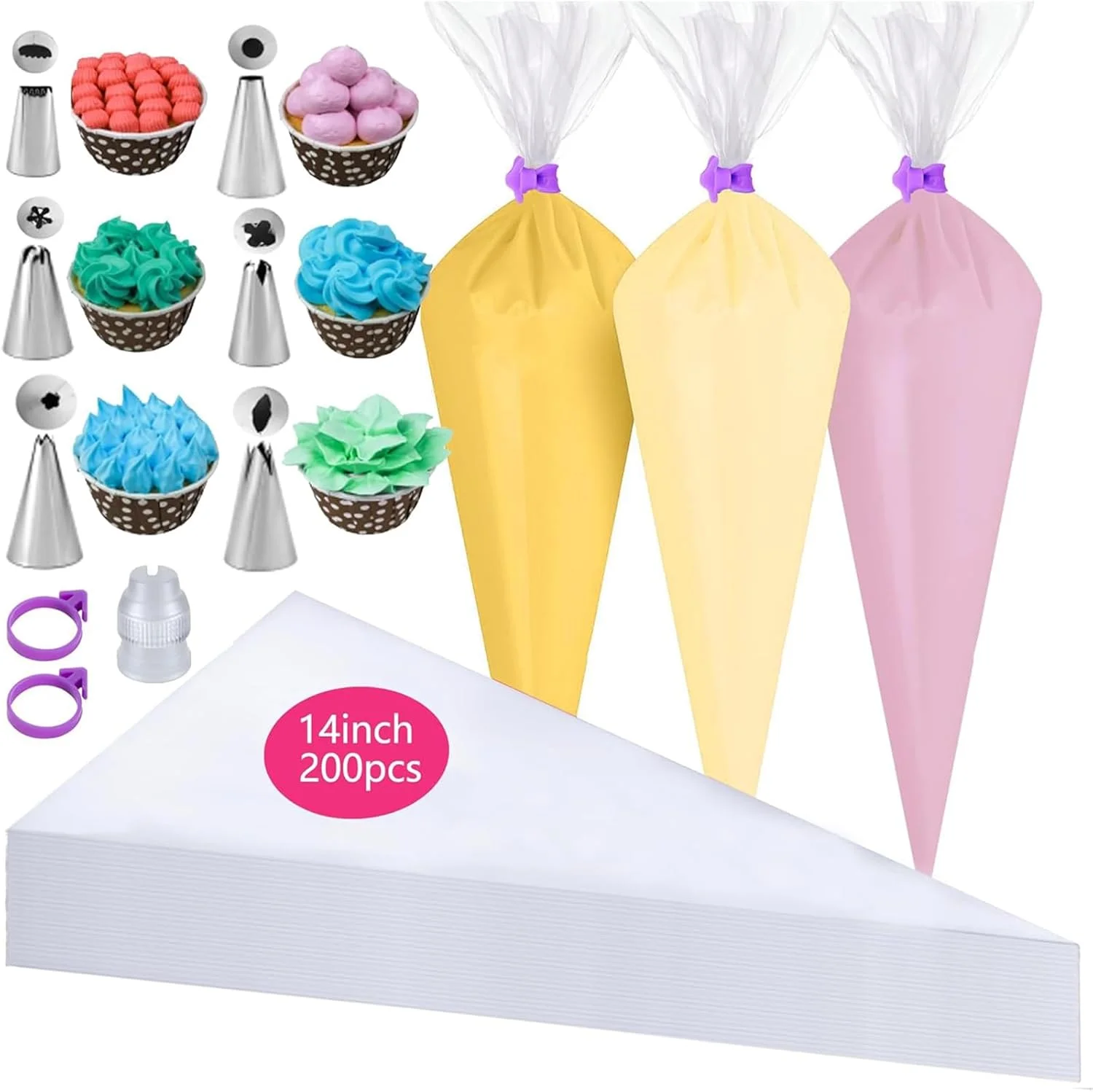 کیسه های قیف یکبار مصرف، 200 عدد کیسه شیرینی پزی، مجموعه کیسه های قیف و سر قیف، کیسه های شیرینی پزی با 2 عدد بست کیسه آیسینگ، 1 عدد اتصال دهنده، 6 عدد سر ماسوره برای تزئین کیک و شیرینی