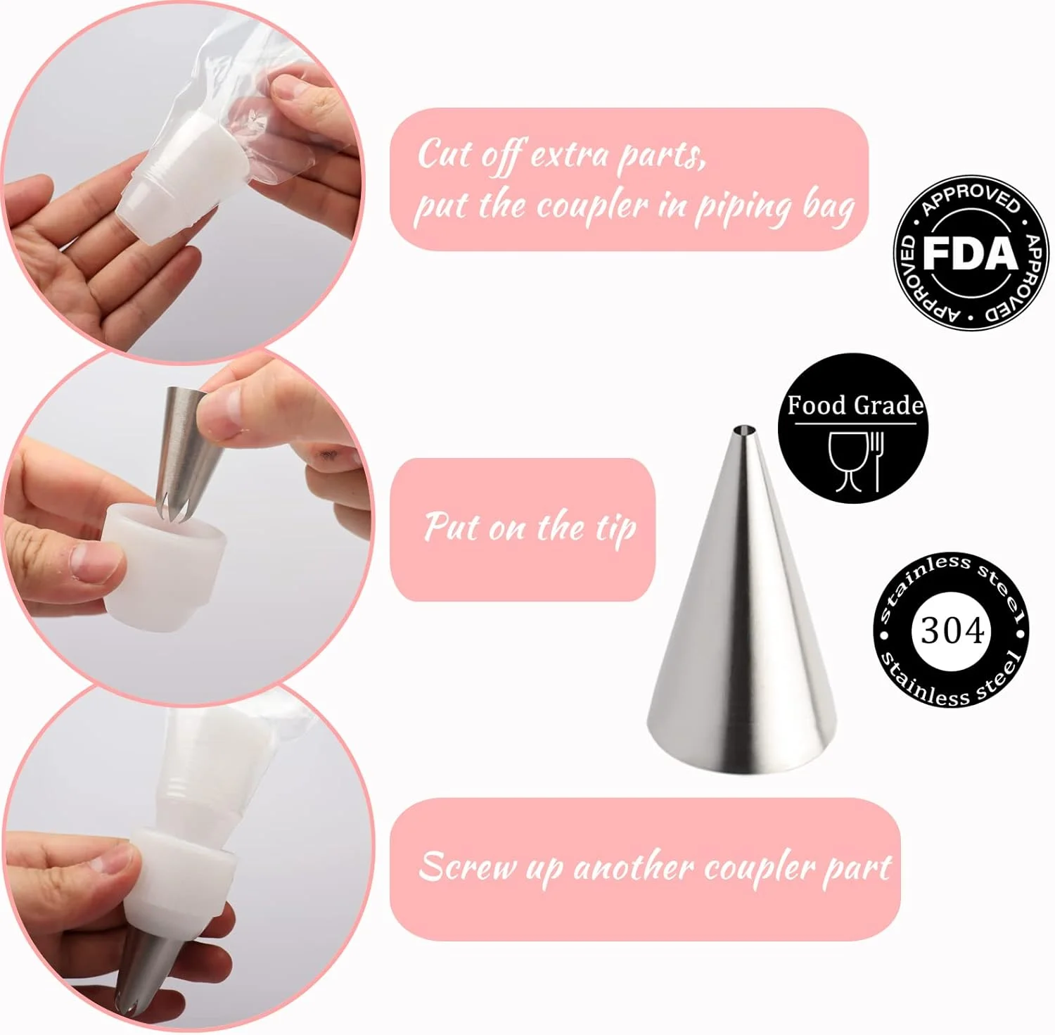 مجموعه 5 عددی ماسوره گرد بزرگ DEROWER با رابط های قابل استفاده مجدد، ماسوره های شیرینی پزی استیل ضد زنگ برای فوندانت شیرینی، لوازم تزئین کیک، مجموعه ابزار پخت (بزرگ)