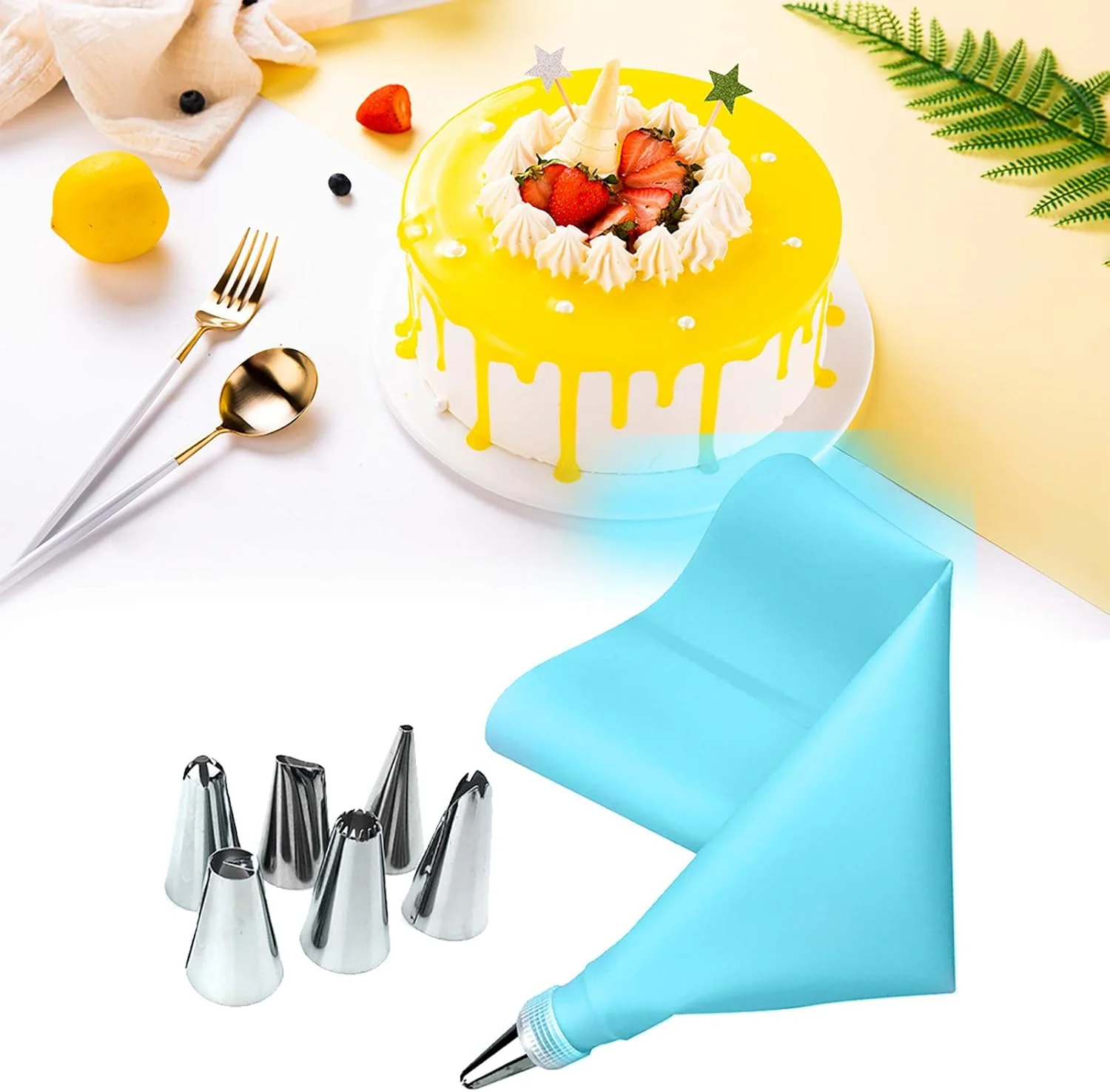 لوازم تزیین کیک، 6 عدد نازل استیل ضد زنگ با رابط قابل استفاده مجدد و کیسه شیرینی پزی برای کیک، کاپ کیک، کلوچه و شیرینی - آبی