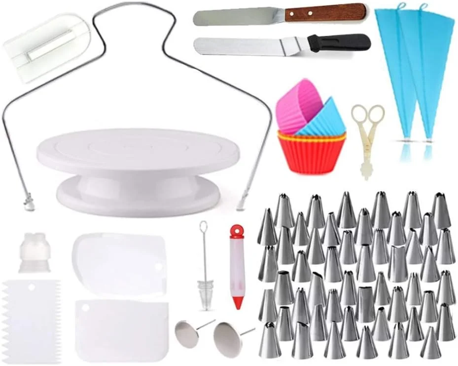 ست لوازم تزیین کیک 69 تکه - پایه گردان چرخان، کیت حرفه ای تزیین کاپ کیک، لوازم پخت، مجموعه کیسه و نوک ماسوره، ابزار شیرینی پزی کاپ کیک برای تزیین کیک، ابزار پخت