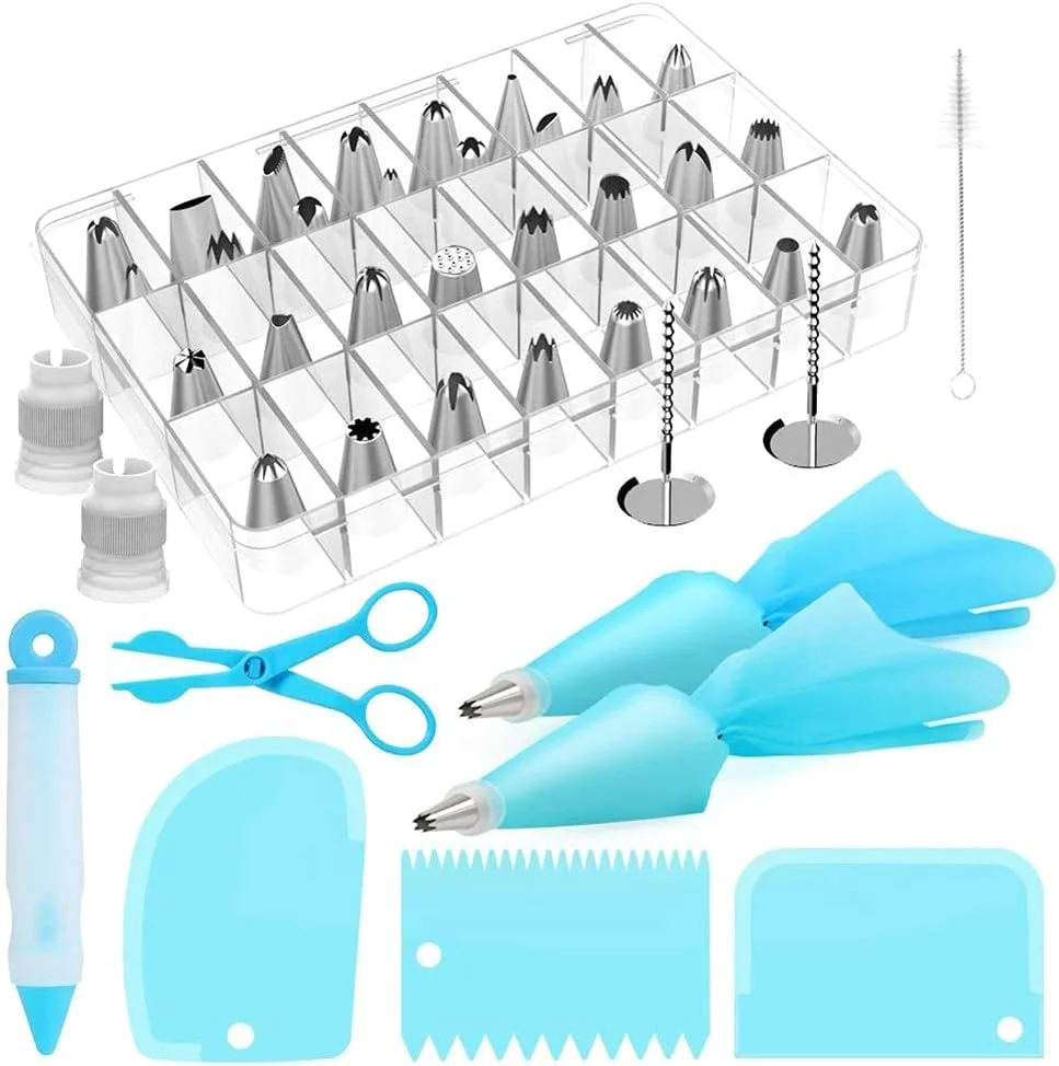 کیت 42 تکه لوازم تزئین کیک، شامل 30 عدد ماسوره قیف خامه زن، کیسه های شیرینی پزی سیلیکونی، پایه گل، برای تزئین کیک فوندانت، کاپ کیک یا هر شیرینی