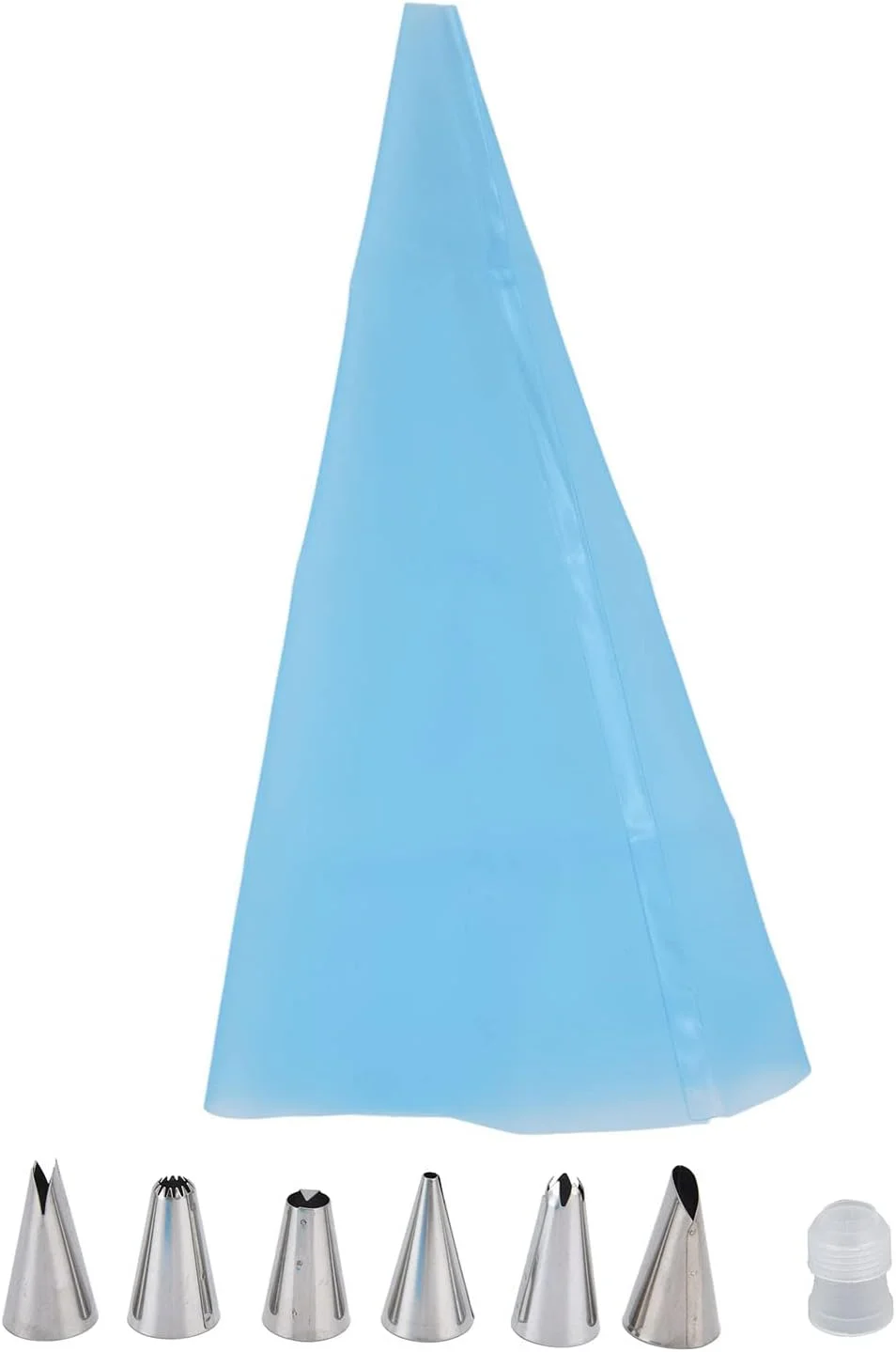 ست 8 تکه لوازم تزئین کیک شامل قیف های استیل، کیسه خامه قنادی، نازل های ضد خوردگی و ابزار تزئین کیک (آبی)