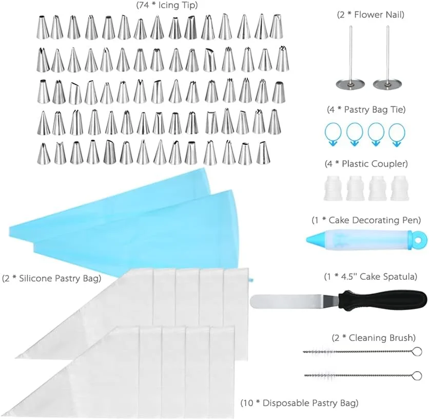 ست 100 تکه لوازم تزئین کیک شامل قیف های ماسوره، کیسه شیرینی پزی سیلیکونی، رابط پلاستیکی، میخ گل، قلم تزئین کیک، لیسک کیک، ابزار یخ زدن برای تزئین کیک، کاپ کیک، کلوچه و شیرینی ست 100 تکه لوازم تزئین کیک شامل قیف های ماسوره، کیسه شیرینی پزی سیلیکونی، رابط پلاستیکی، میخ گل، قلم تزئین کیک، لیسک کیک، ابزار یخ زدن برای تزئین کیک، کاپ کیک، کلوچه و شیرینی
