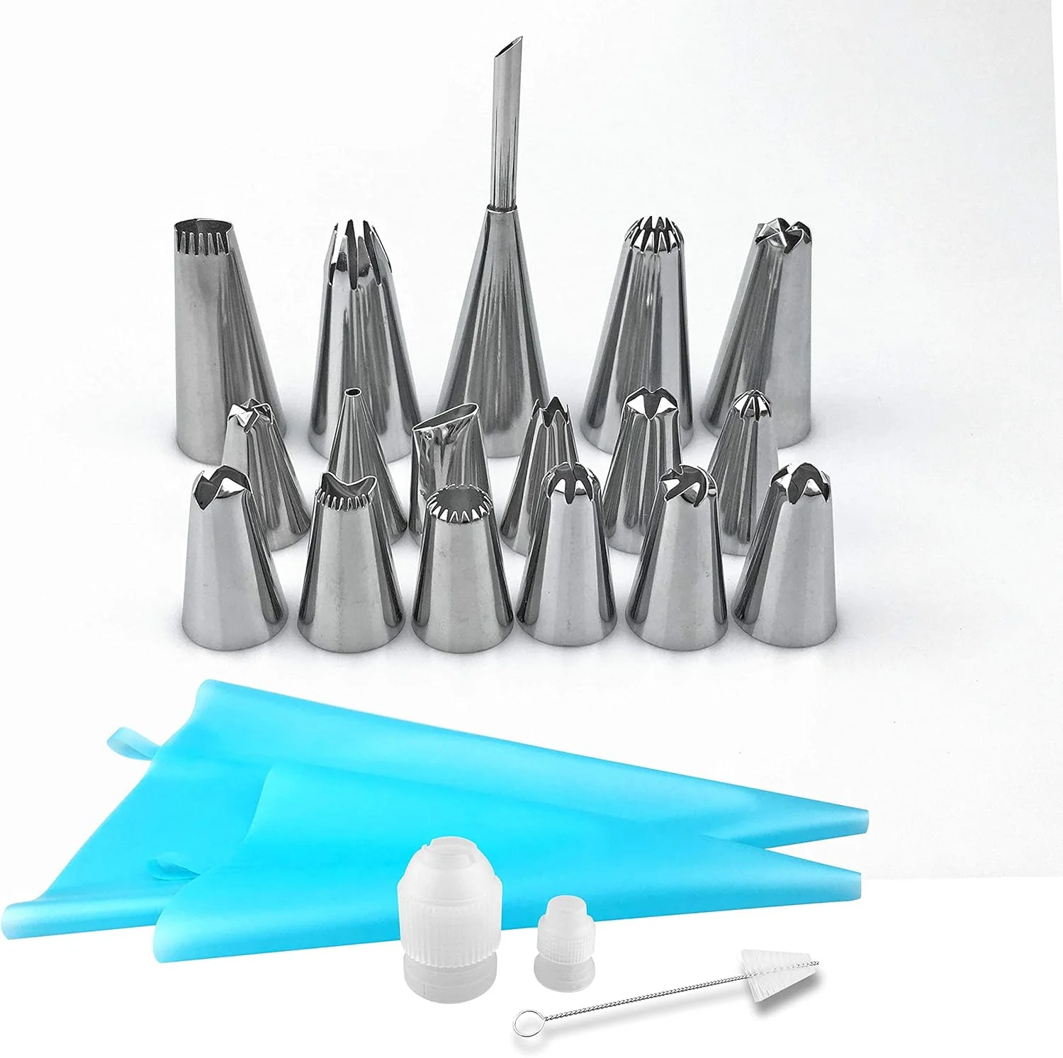 لوازم تزیین کیک، 22 تکه ابزار پخت استیل ضد زنگ شامل قیف های ماسوره و کیسه های شیرینی پزی به همراه برس تمیز کننده