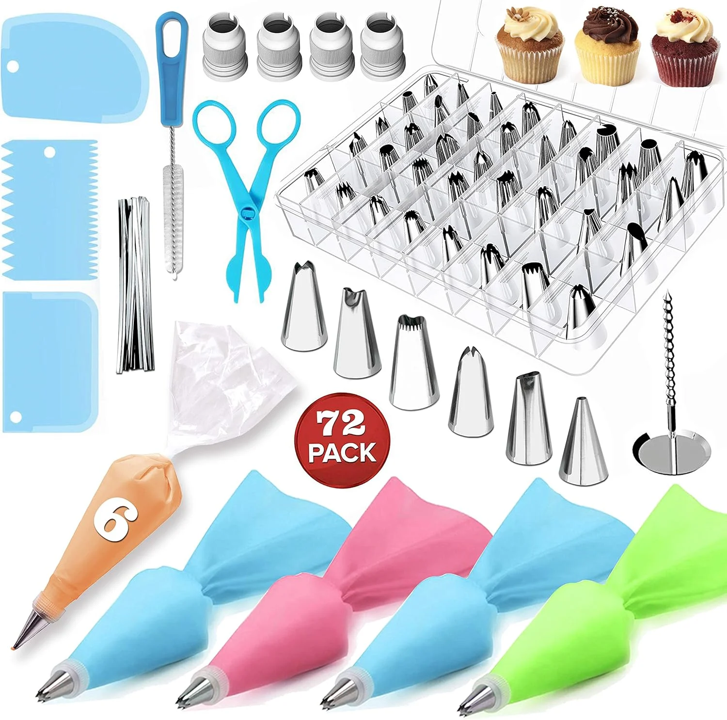 ست 72 عددی نازل قیف زن، کیت لوازم تزیین کیک، نوک نازل استیل ضد زنگ با کیسه شیرینی خامه ای، استر و آداپتور، لوازم پخت کیک DIY، شیرینی پزی، تزیین دسر #7