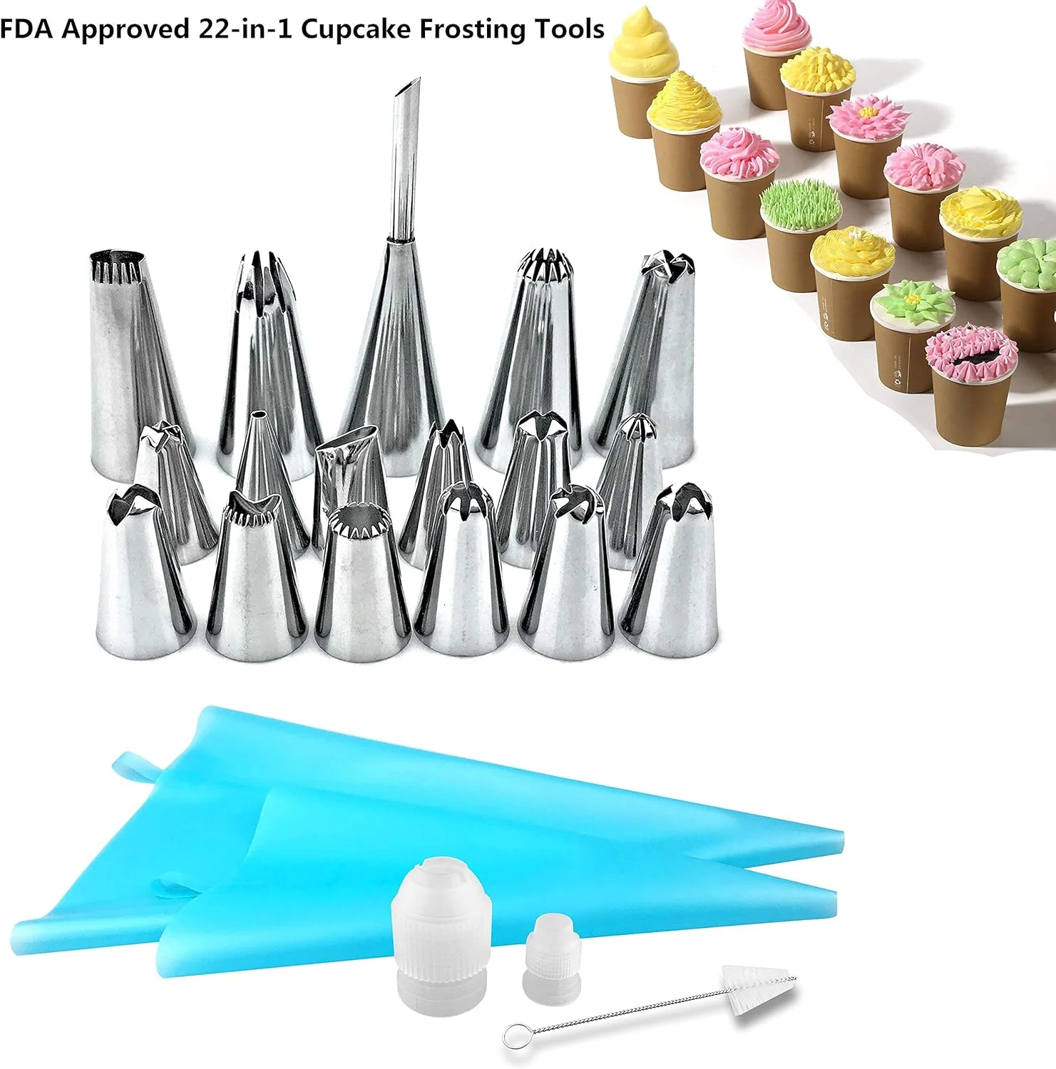 لوازم تزیین کیک، 22 تکه ابزار پخت استیل ضد زنگ شامل قیف های ماسوره و کیسه های شیرینی پزی به همراه برس تمیز کننده لوازم تزیین کیک، 22 تکه ابزار پخت استیل ضد زنگ شامل قیف های ماسوره و کیسه های شیرینی پزی به همراه برس تمیز کننده