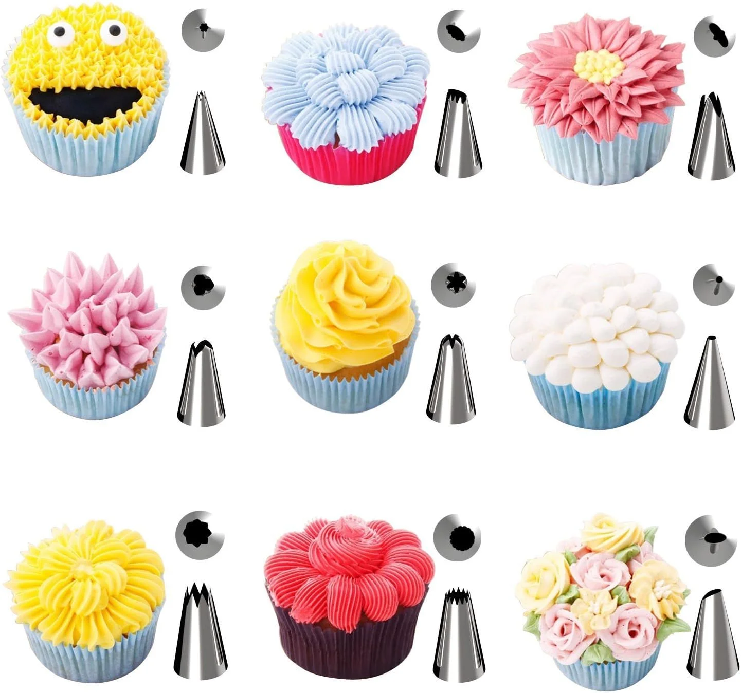ست 72 عددی نازل قیف زن، کیت لوازم تزیین کیک، نوک نازل استیل ضد زنگ با کیسه شیرینی خامه ای، استر و آداپتور، لوازم پخت کیک DIY، شیرینی پزی، تزیین دسر #7