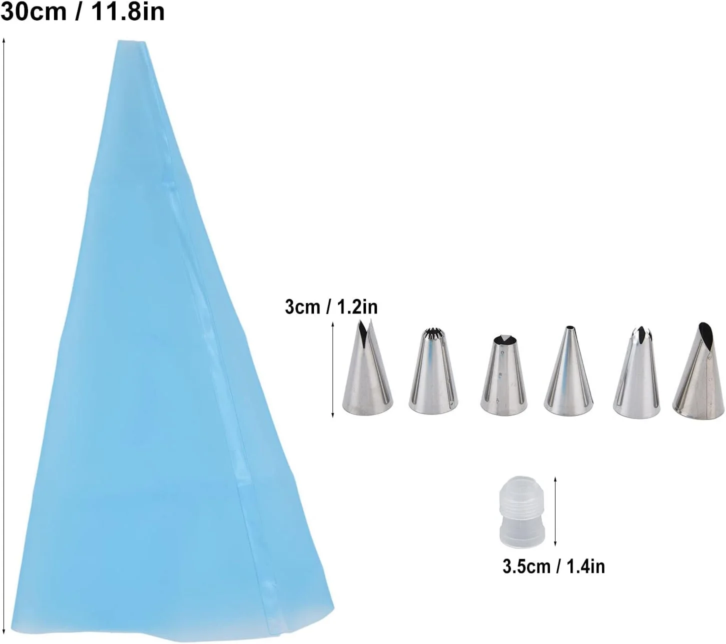 ست 8 تکه لوازم تزئین کیک شامل قیف های استیل، کیسه خامه قنادی، نازل های ضد خوردگی و ابزار تزئین کیک (آبی) ست 8 تکه لوازم تزئین کیک شامل قیف های استیل، کیسه خامه قنادی، نازل های ضد خوردگی و ابزار تزئین کیک (آبی)