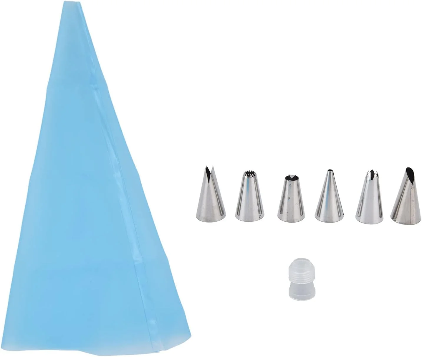 ست 8 تکه لوازم تزئین کیک شامل قیف های استیل، کیسه خامه قنادی، نازل های ضد خوردگی و ابزار تزئین کیک (آبی) ست 8 تکه لوازم تزئین کیک شامل قیف های استیل، کیسه خامه قنادی، نازل های ضد خوردگی و ابزار تزئین کیک (آبی)