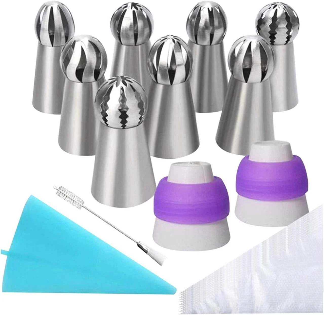 ست 22 عددی نوک های تزئین کیک، نوک های ماسوره ای روسی استیل ضد زنگ، ست لوازم پخت و پز با برس تمیز کننده و کیسه شیرینی پزی ست 22 عددی نوک های تزئین کیک، نوک های ماسوره ای روسی استیل ضد زنگ، ست لوازم پخت و پز با برس تمیز کننده و کیسه شیرینی پزی