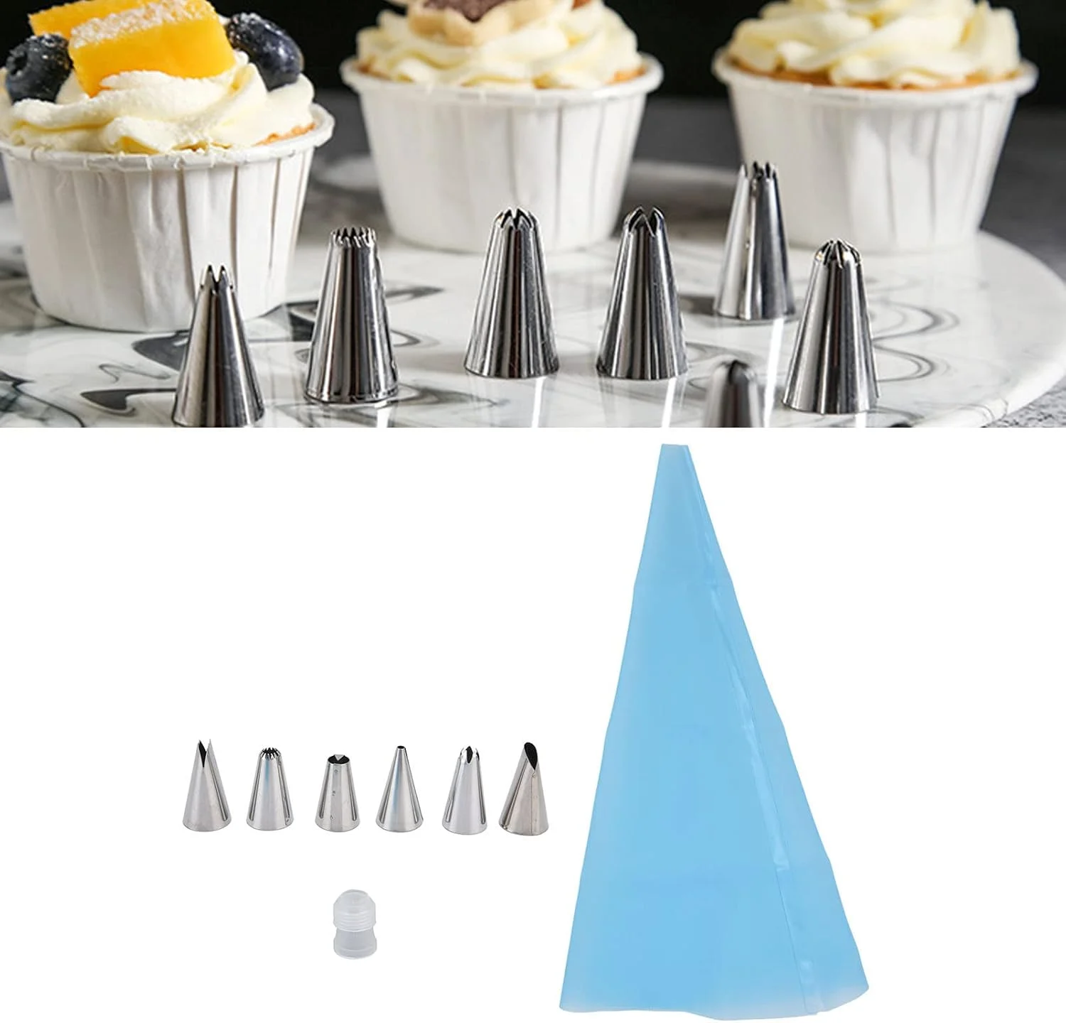 ست 8 تکه لوازم تزئین کیک شامل قیف های استیل، کیسه خامه قنادی، نازل های ضد خوردگی و ابزار تزئین کیک (آبی) ست 8 تکه لوازم تزئین کیک شامل قیف های استیل، کیسه خامه قنادی، نازل های ضد خوردگی و ابزار تزئین کیک (آبی)