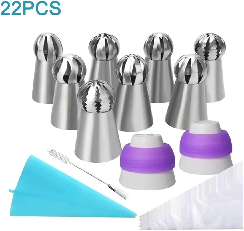 ست 22 عددی نوک های تزئین کیک، نوک های ماسوره ای روسی استیل ضد زنگ، ست لوازم پخت و پز با برس تمیز کننده و کیسه شیرینی پزی