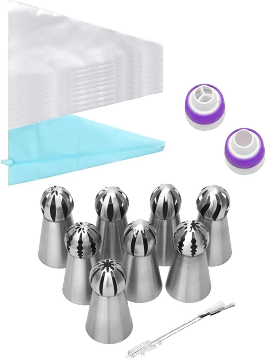 ست 22 عددی نوک های تزئین کیک، نوک های ماسوره ای روسی استیل ضد زنگ، ست لوازم پخت و پز با برس تمیز کننده و کیسه شیرینی پزی