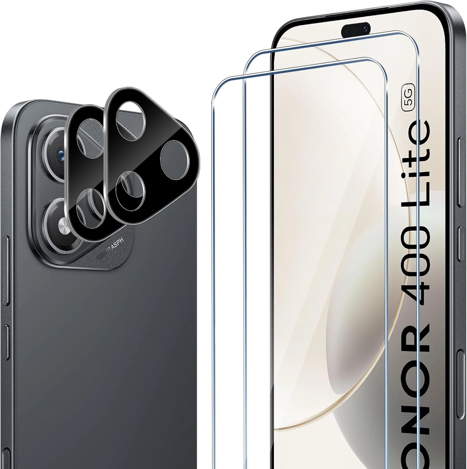 محافظ صفحه نمایش الیکو سازگار با Honor 400 Lite، شیشه حرارت دیده، بسته 2 عددی محافظ شیشه ای + 2 محافظ دوربین، سختی 9H، ضد خش، بدون حباب، محافظ صفحه نمایش شفاف HD