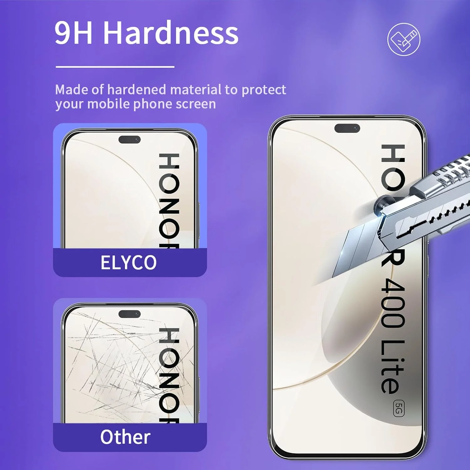 محافظ صفحه نمایش الیکو سازگار با Honor 400 Lite، شیشه حرارت دیده، بسته 2 عددی محافظ شیشه ای + 2 محافظ دوربین، سختی 9H، ضد خش، بدون حباب، محافظ صفحه نمایش شفاف HD