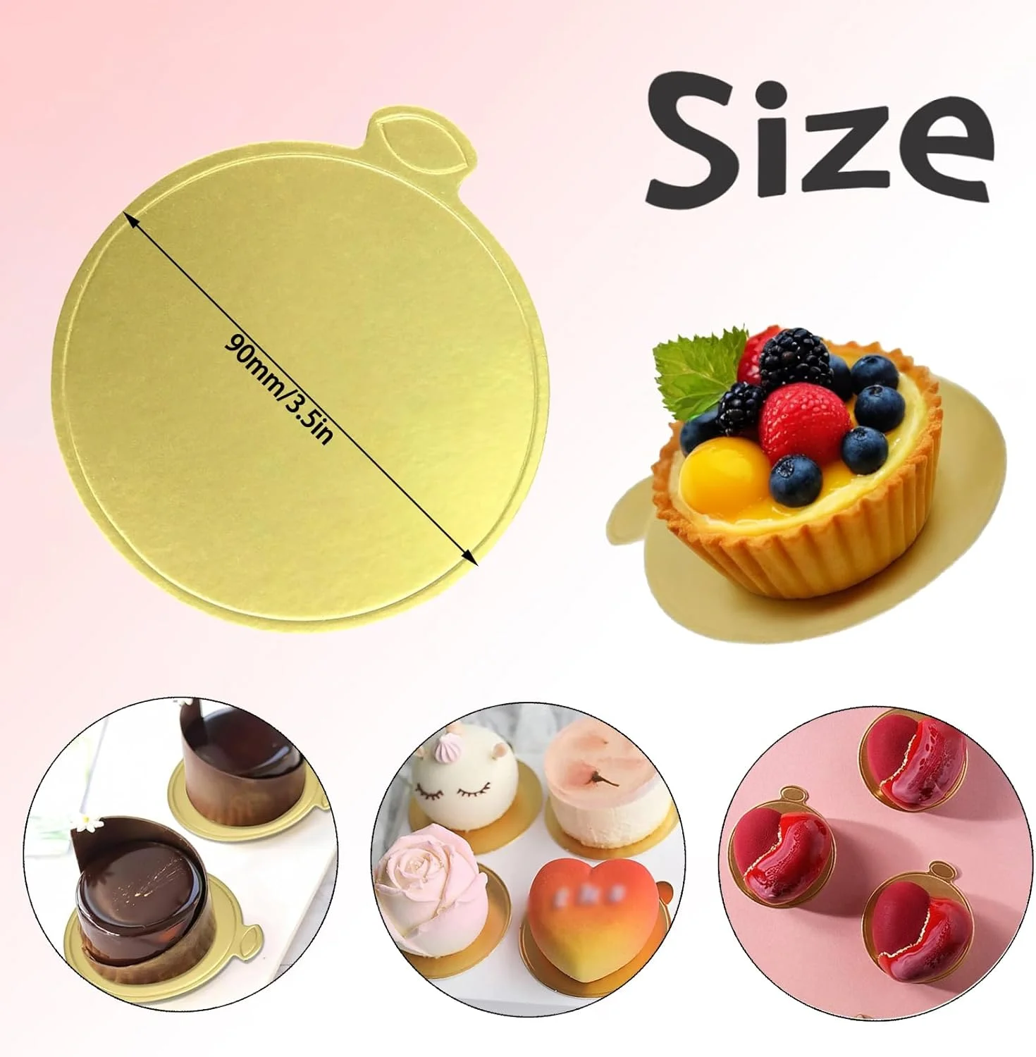 100 عدد تخته کیک مینی طلایی 9 سانتی متری، پایه عالی برای موس و کاپ کیک، روکش براق و زیبا برای تزئین شیرینی، لوازم پخت شیک برای استفاده خانگی و حرفه ای 100 عدد تخته کیک مینی طلایی 9 سانتی متری، پایه عالی برای موس و کاپ کیک، روکش براق و زیبا برای تزئین شیرینی، لوازم پخت شیک برای استفاده خانگی و حرفه ای