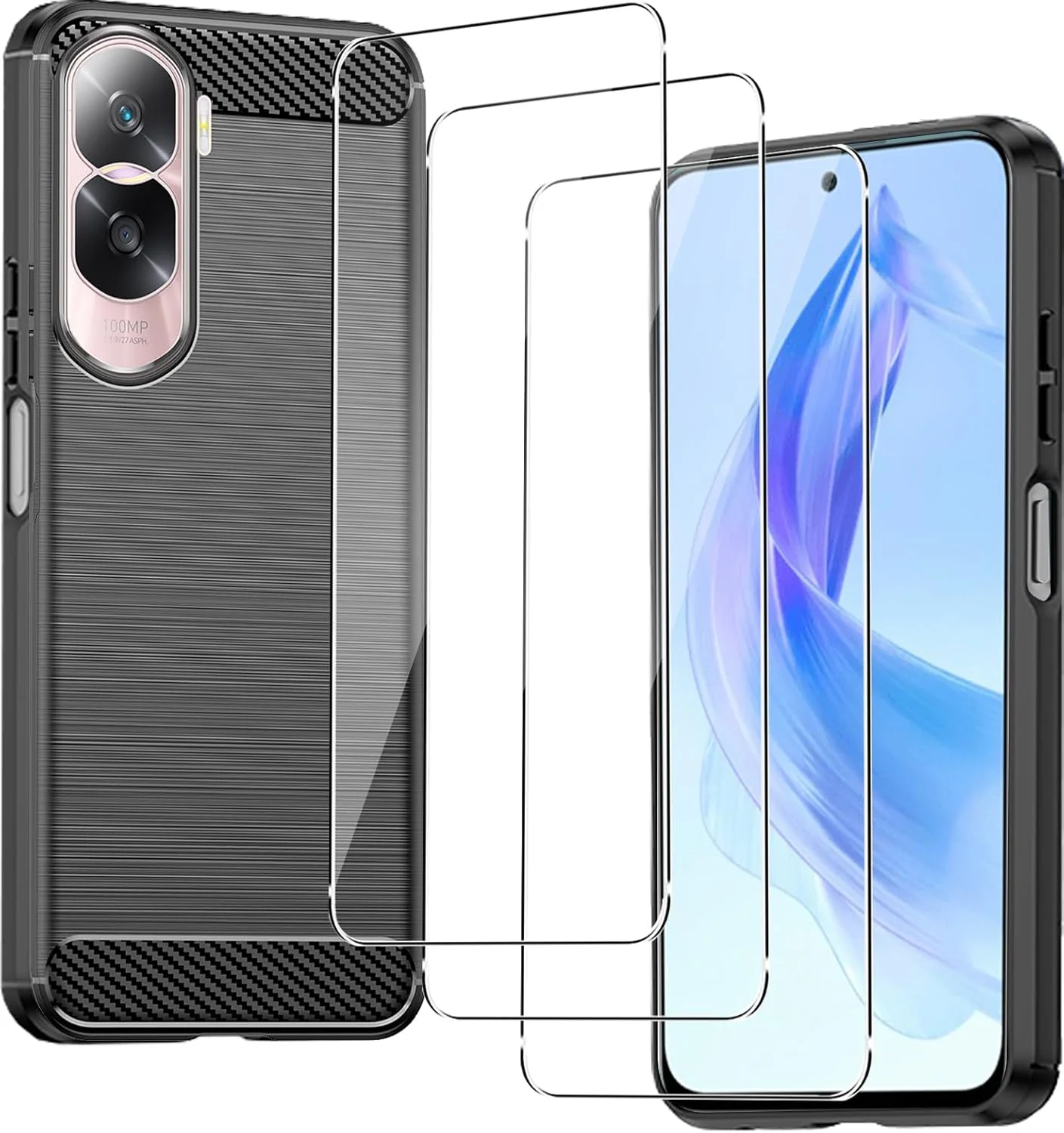 کاور کاناپیکا برای گوشی آنر 90 لایت به همراه 3 عدد محافظ صفحه نمایش شیشه ای، کاور فوق العاده نازک [طرح فیبر کربن] [ضد ضربه] قاب محافظ سبک و نرم گوشی موبایل