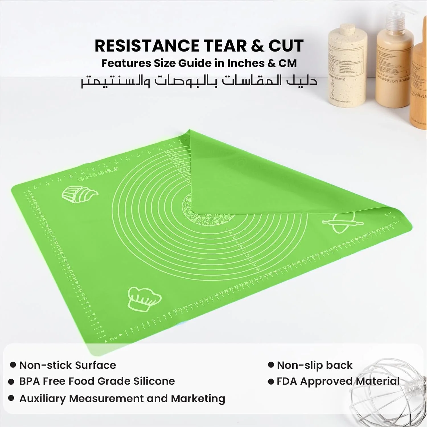 حصیر سیلیکونی پخت پنبه هوم برای ورز دادن خمیر شیرینی با اندازه گیری، آستر مقاوم در برابر حرارت، زیر بشقابی، تخته شیرینی پزی غیر چسبنده و ضد لغزش، لوازم پخت برای پخت پیتزا و کیک 60x40 سانتی متر سبز