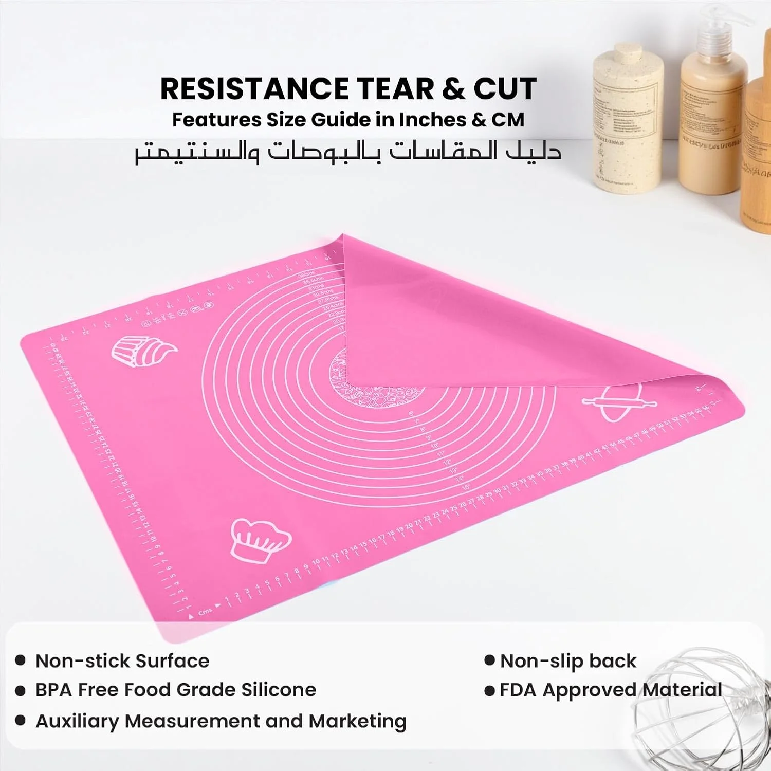 حصیر سیلیکونی پخت پنبه هوم برای ورز دادن خمیر شیرینی با اندازه گیری، زیرانداز مقاوم در برابر حرارت، پد زیر بشقابی، تخته شیرینی پزی نچسب و ضد لغزش، لوازم پخت برای پخت پیتزا و کیک 60x40 سانتی متر صورتی