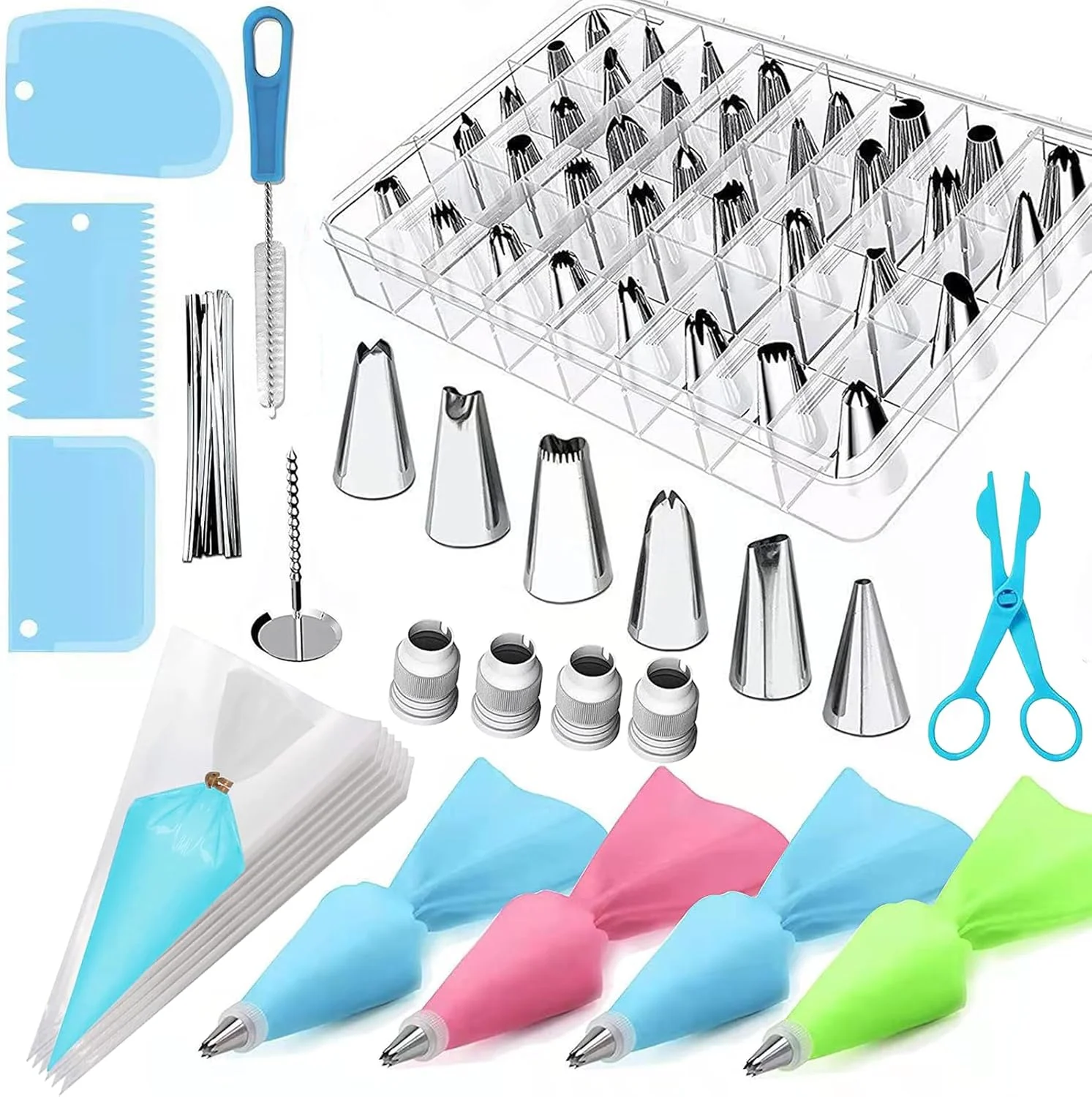 مجموعه 72 عددی کیسه و سری قیف چوچای، کیت لوازم تزئین کیک برای پخت با سری های ماسوره استیل، کیسه های قیف یکبار مصرف، کیسه های شیرینی پزی سیلیکونی قابل استفاده مجدد، کاردک کیک