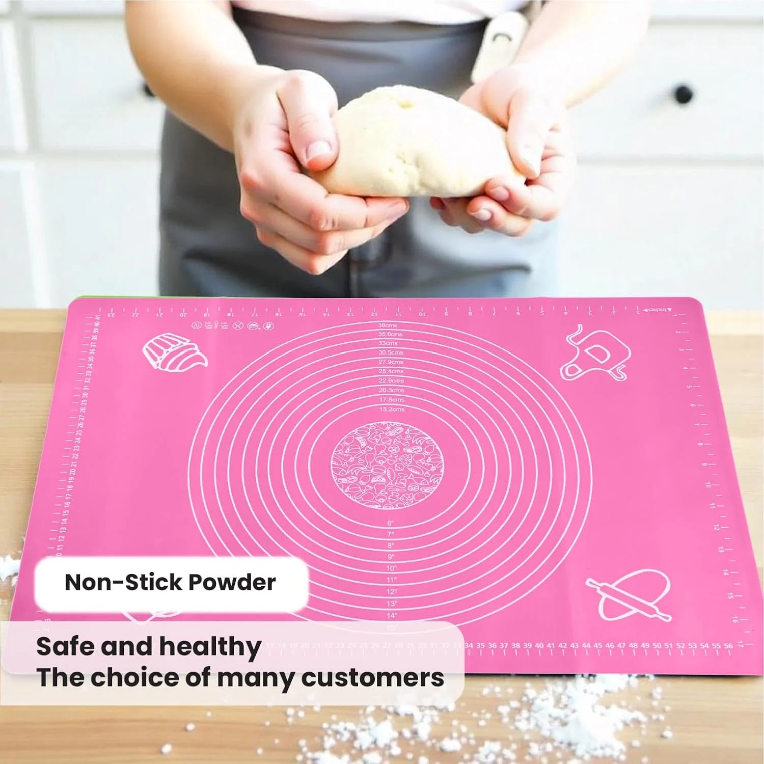 حصیر سیلیکونی پخت پنبه هوم برای ورز دادن خمیر شیرینی با اندازه گیری، زیرانداز مقاوم در برابر حرارت، پد زیر بشقابی، تخته شیرینی پزی نچسب و ضد لغزش، لوازم پخت برای پخت پیتزا و کیک 60x40 سانتی متر صورتی