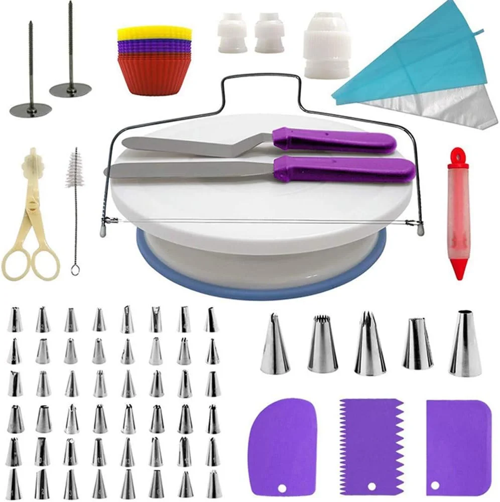 کیت کامل 106 تکه لوازم تزیین کیک، شامل گردان، کاردک، ماسوره، کیسه شیرینی پزی، رابط، لیسه، مناسب برای مبتدیان و علاقه مندان به کیک